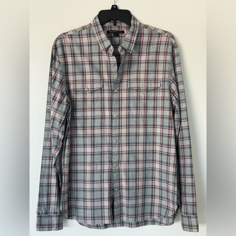 Gray & Red John Varvatos Mens Size Medium Plaid Button Up Down Shirt